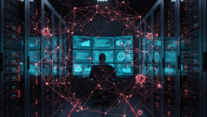 hombre de empresa de ciberseguridad trabajando contra malware